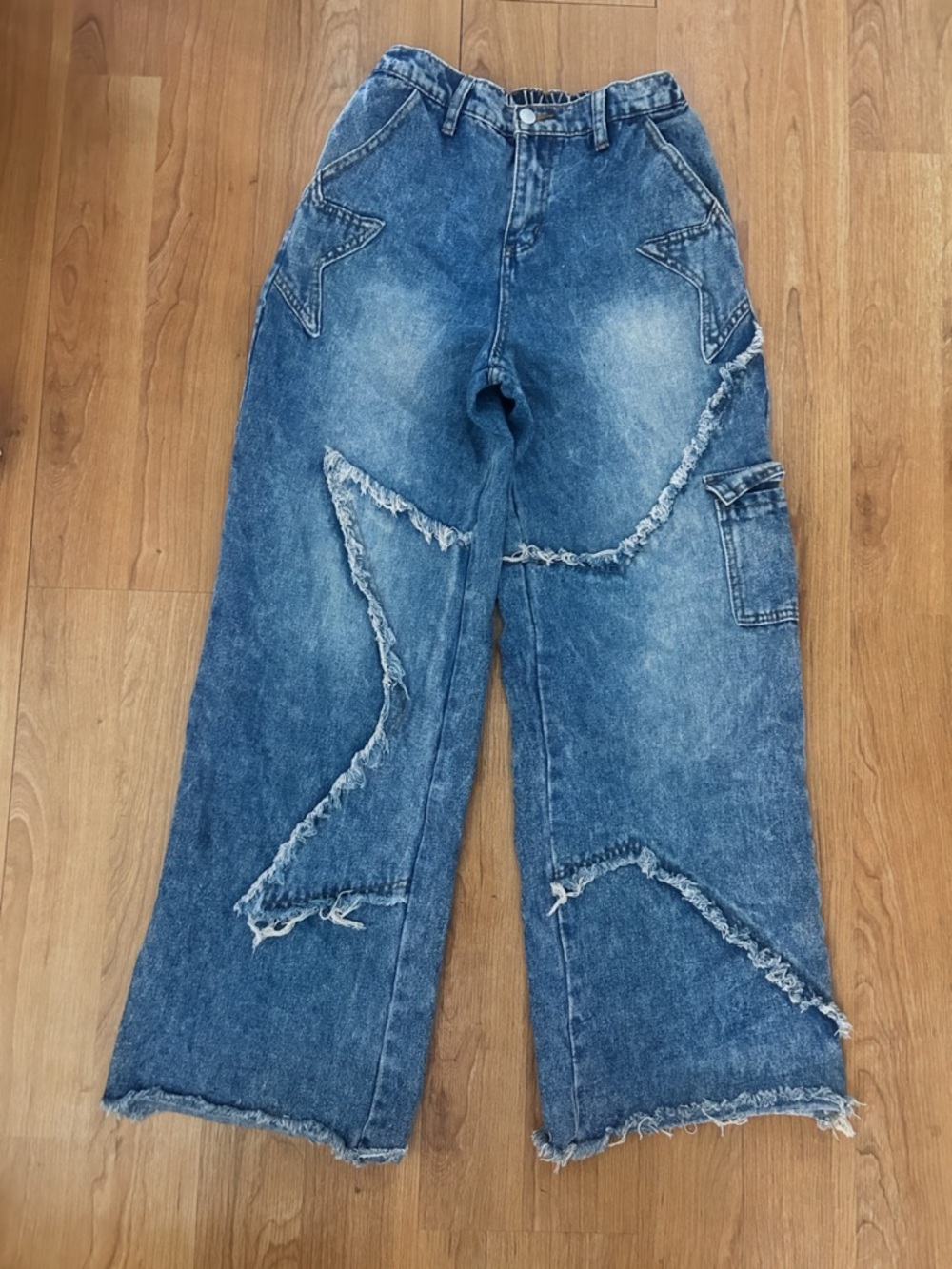 Baggy Cargo Jeans Y2K Mid Waist Star Fringe Trim Wide Leg Denim Pants Size 28-30
